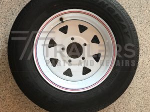 14" HQ white Sunraysia rim with 185R14C light truck tyre fitted
