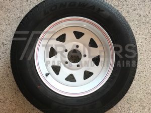 14" HT white Sunraysia rim with 185R14C light truck tyre fitted