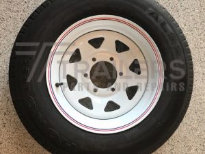 14" Land Cruiser 6 studs white Sunraysia rim with 185R14C light truck tyre fitted